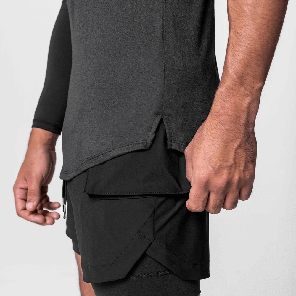 Men's gym training tank top with asymmetric hem, O-neck, breathable polyester, ideal for workouts and fitness, SF1824.